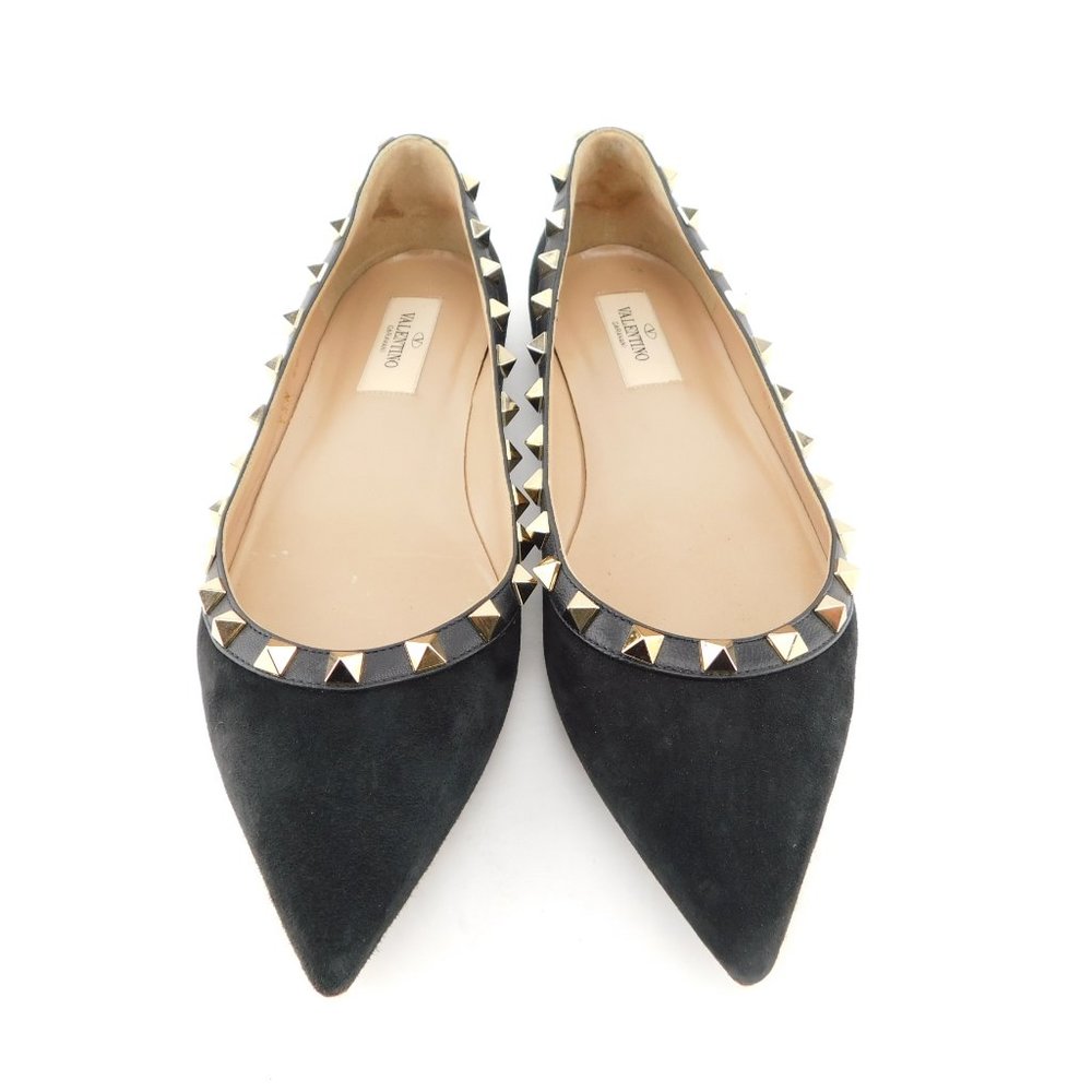 VALENTINO Rockstud Black Suede Leather Studded Ballerina Flats 37